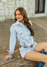 Load image into Gallery viewer, Light Stone Wash Denim Stretch Button Down Romper