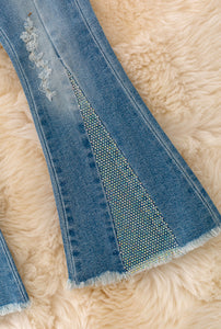 Bootcut Denim Pants with Holographic Rhinestones