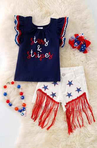 Stars & Stripes Patriotic Navy Blue Top & White Denim Shorts