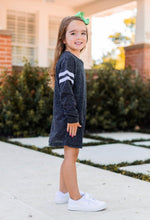 Load image into Gallery viewer, Girls’ Heathered Charcoal Varsity Stripe Long Sleeve