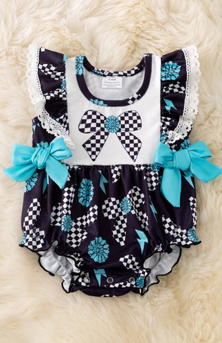 Coquette Checkered Printed Bow On Black Baby Romper w/ Side Bows