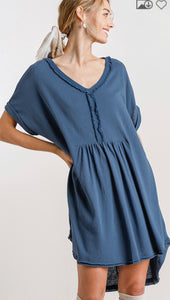 Short Folded Sleeve Frayed Edge Detail Dress With Raw Scoop Hem