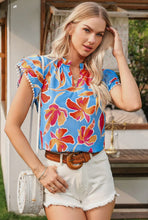 Load image into Gallery viewer, Floral Print Pompom Trim Flutter Sleeve Top
