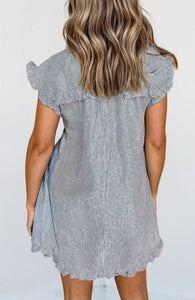 Frilled Collar Front Pocket Button Up Mini Dress - Green