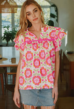 Load image into Gallery viewer, Floral Ruffle Sleeve Ric-Rac Trim Split Neck Loose Top