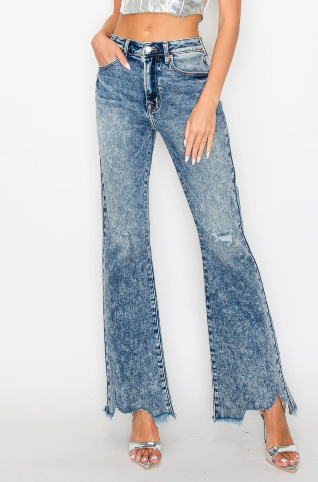 *Restock* High Rise Stretch Flare with Distressed Frayed Hem Jeans