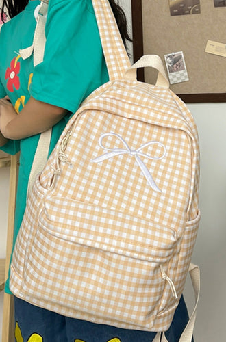 Coquette Bow Embroidered Checkered Backpack