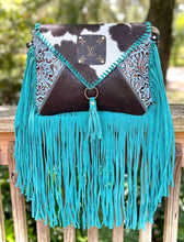 Load image into Gallery viewer, Upcycled Lv Cowhide Leather Crossbody Turquoise Fringe Boho