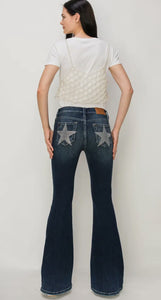 Mid Rise Super Flare Star Rhinestone On Back Pockets Jeans