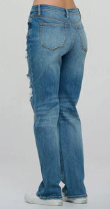 Medium Wash - High Rise Distressed Straight Jeans