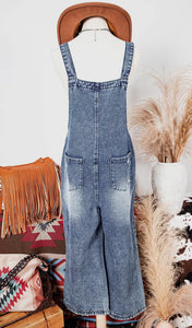 Fashion-W Distressed Bib Pocket Wide Leg Denim Overall