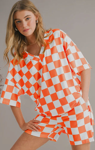 Checkered Print V Neck Top & Shorts Lounge Set