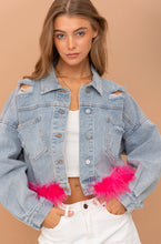 Load image into Gallery viewer, Oversized Ostrich Fur Crop Denim Jacket