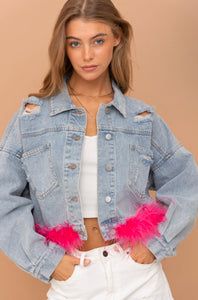 Oversized Ostrich Fur Crop Denim Jacket