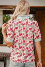 Load image into Gallery viewer, Floral Stripe Patchwork Collar Short Sleeve Top In Blue