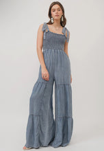 Load image into Gallery viewer, Smocked Tie Chambray Palazzo Wide Pant Jumpsuit