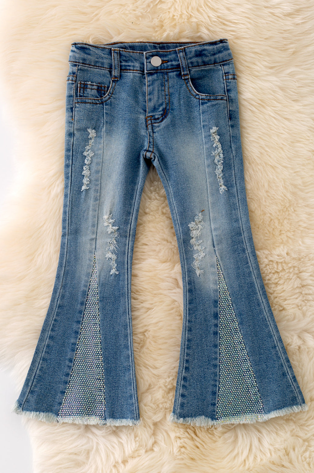 Bootcut Denim Pants with Holographic Rhinestones