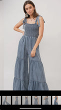 Load image into Gallery viewer, Smocked Tie Chambray Palazzo Wide Pant Jumpsuit