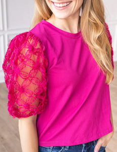 Midnight Blossom Magenta Floral Puff Sleeve