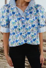 Load image into Gallery viewer, Floral Stripe Patchwork Collar Short Sleeve Top In Blue