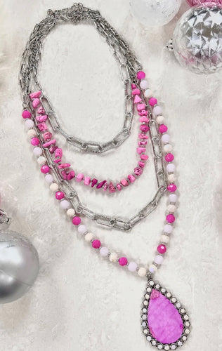 Pink Moment Three Strand Silver Necklace