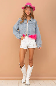 Oversized Ostrich Fur Crop Denim Jacket