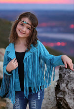 Load image into Gallery viewer, Teal Faux Suede Fringe Jacket
