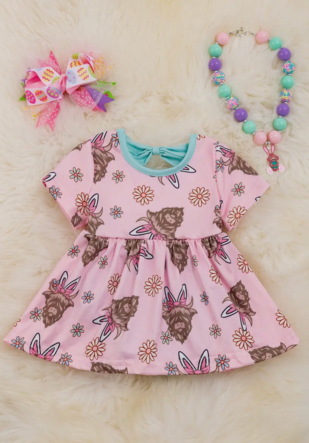 Highland Cow with Easter Ears Baby Dress
