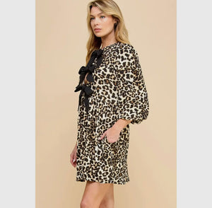 Print Woven Ribbon Tie Short Dress