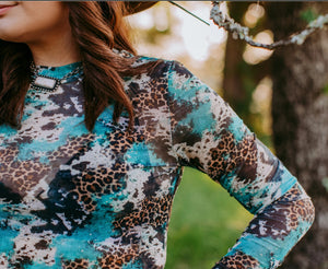 Mix Print Long Sleeve Mesh Top