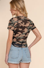 Load image into Gallery viewer, Knotted Camo Print Mesh Short Slv Top