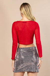 Sequin Detail Stretch Mesh Round Neck Crop Top