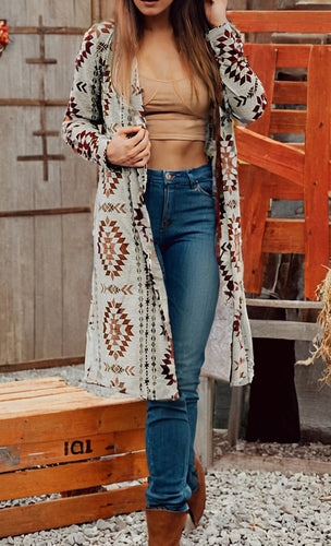 Fall Western Aztec Open Front Long Cardigan