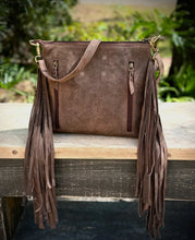Load image into Gallery viewer, Upcycled Lv Leather Suede Boot Stitch Fringe Crossbody Bag