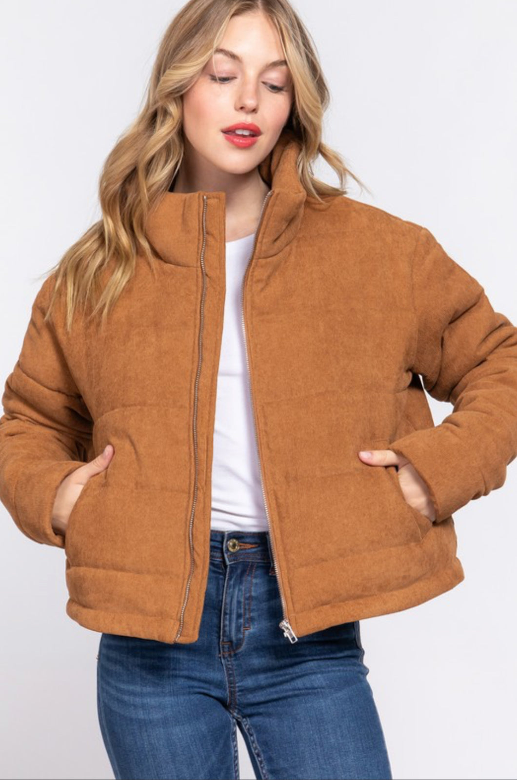 *RESTOCK* Long Sleeve High Neck Zip-Up Corduroy Puffer Jacket