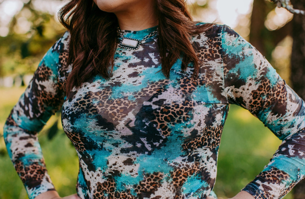 Mix Print Long Sleeve Mesh Top