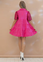 Load image into Gallery viewer, Sequin Puff Slv Tiered Poplin Button Up Shirt Dress