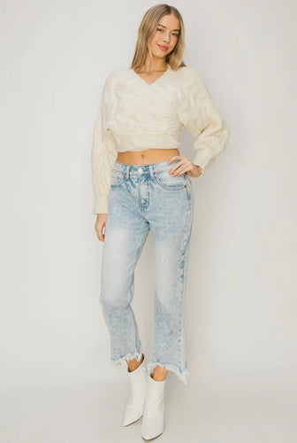 High Rise Stretch Crop Flare With Frayed Hem Jeans
