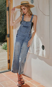 Fashion-W Distressed Bib Pocket Wide Leg Denim Overall