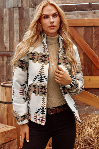 Western Aztec Stand Neck Zip Up Jacket