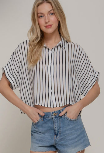 Dolman Short Sleeve Stipe Printed Woven Shirt