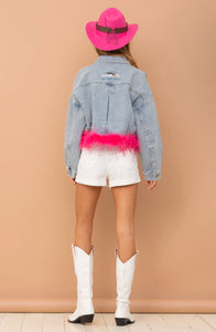 Oversized Ostrich Fur Crop Denim Jacket