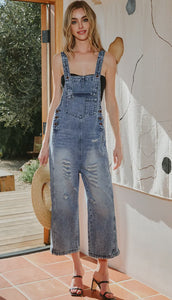 Fashion-W Distressed Bib Pocket Wide Leg Denim Overall