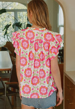 Load image into Gallery viewer, Floral Ruffle Sleeve Ric-Rac Trim Split Neck Loose Top