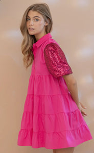 Sequin Puff Slv Tiered Poplin Button Up Shirt Dress