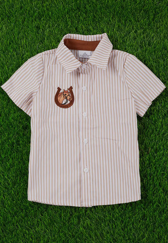 Horse Embroidered Collar Shirt with Stripes
