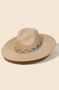 Concho Chain Strap Flat Brim Fedora Fashion Hat