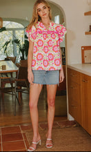 Load image into Gallery viewer, Floral Ruffle Sleeve Ric-Rac Trim Split Neck Loose Top