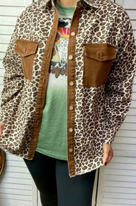 Leopard Denim Long Sleeve Top With Pockets & Buttons