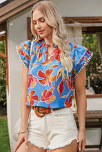 Load image into Gallery viewer, Floral Print Pompom Trim Flutter Sleeve Top